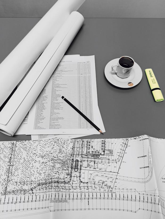Architectural blueprints and drafts with a cup of coffee and stationery on a minimalist desk.
